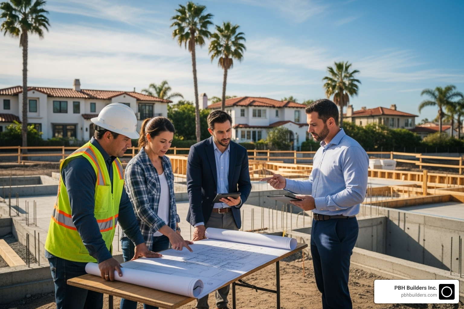 construction team meeting with a homeowner on-site - whole house remodel san diego