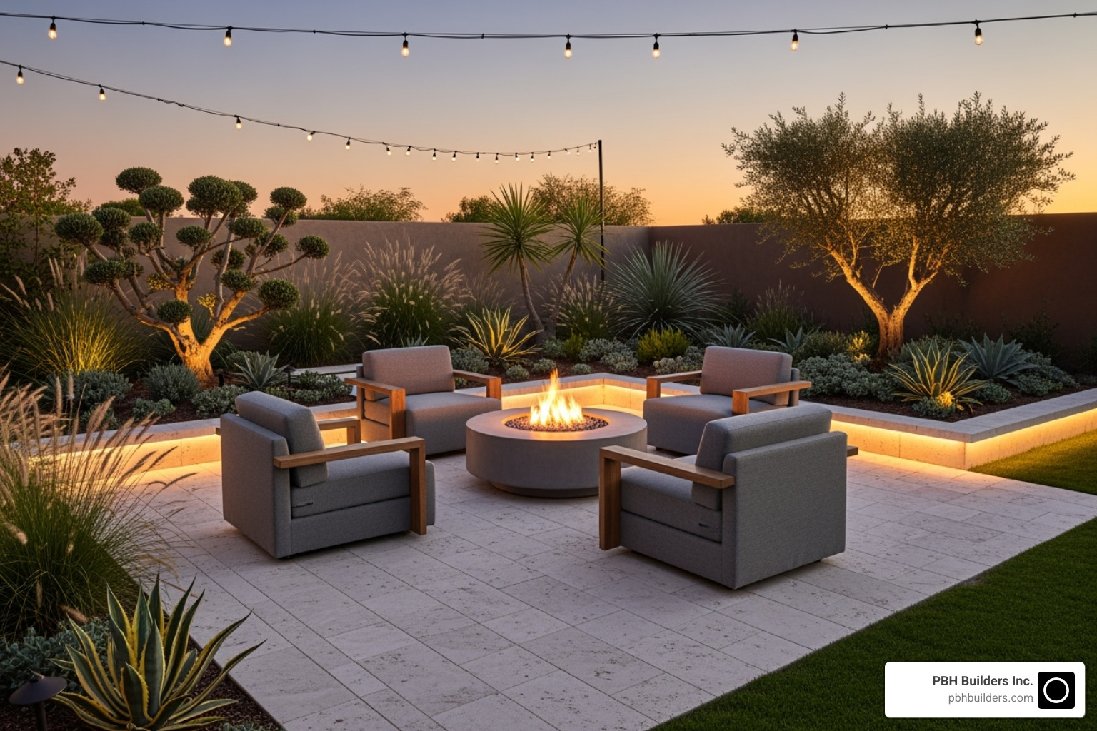 modern outdoor living space with a fire pit and drought-tolerant plants - whole house remodel san diego