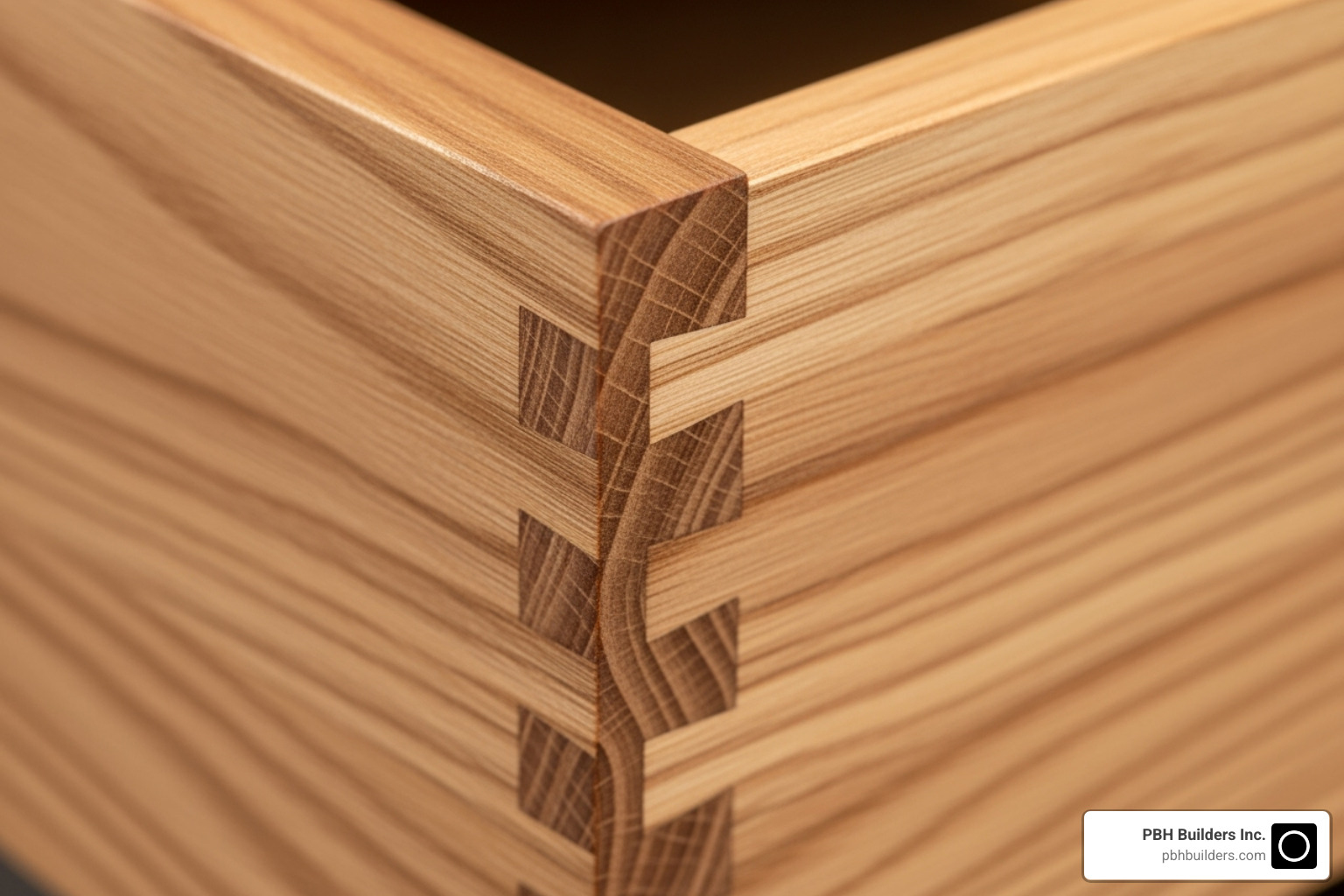close-up on a dovetail joint in a cabinet drawer - kitchen cabinets san diego
