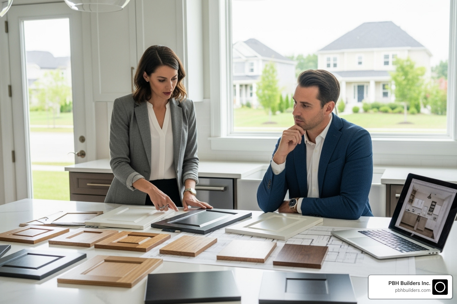 designer and homeowner looking at cabinet samples - kitchen cabinets san diego