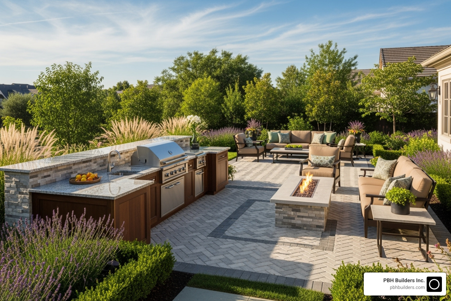 luxurious outdoor kitchen and paver patio with fire pit - san diego home remodeling