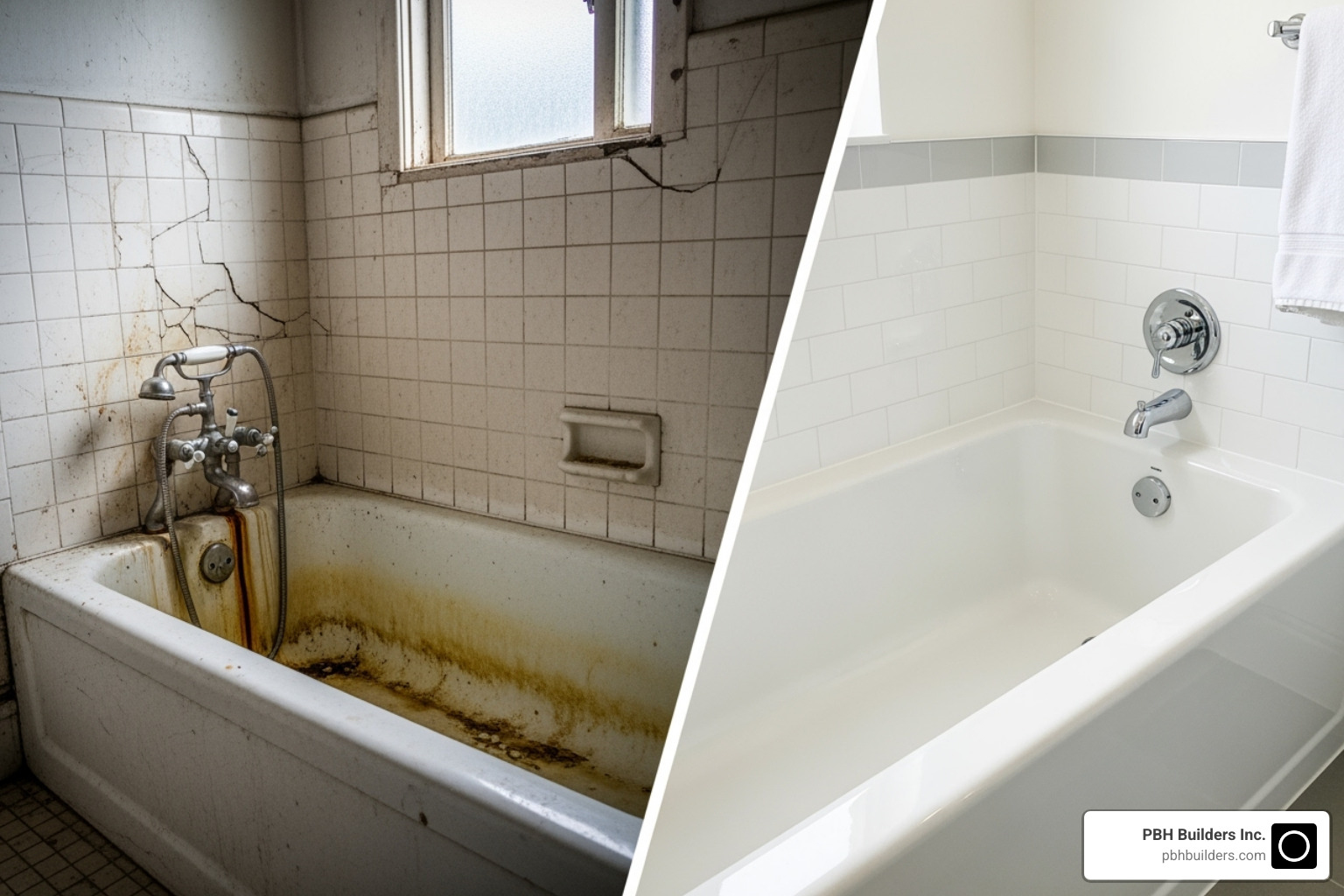 split-screen showing a worn-out tub on one side and a sparkling refinished tub on the other - bathtubs san diego ca