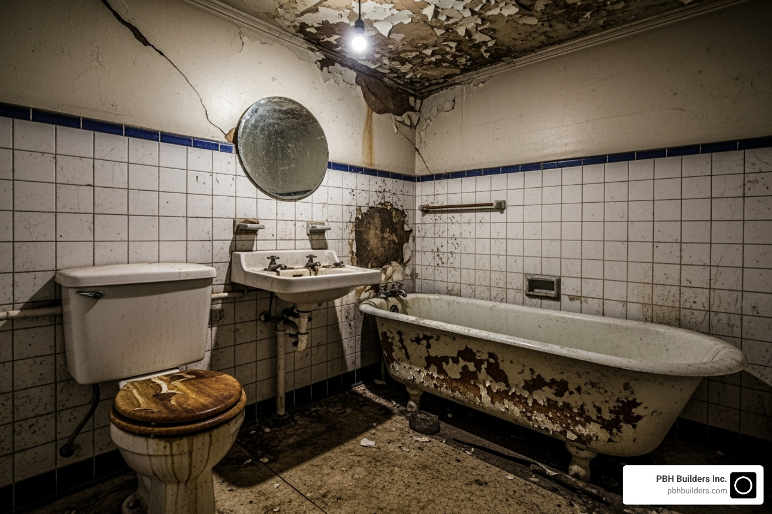 of an outdated bathroom with visible wear and tear - bathroom remodel contractor