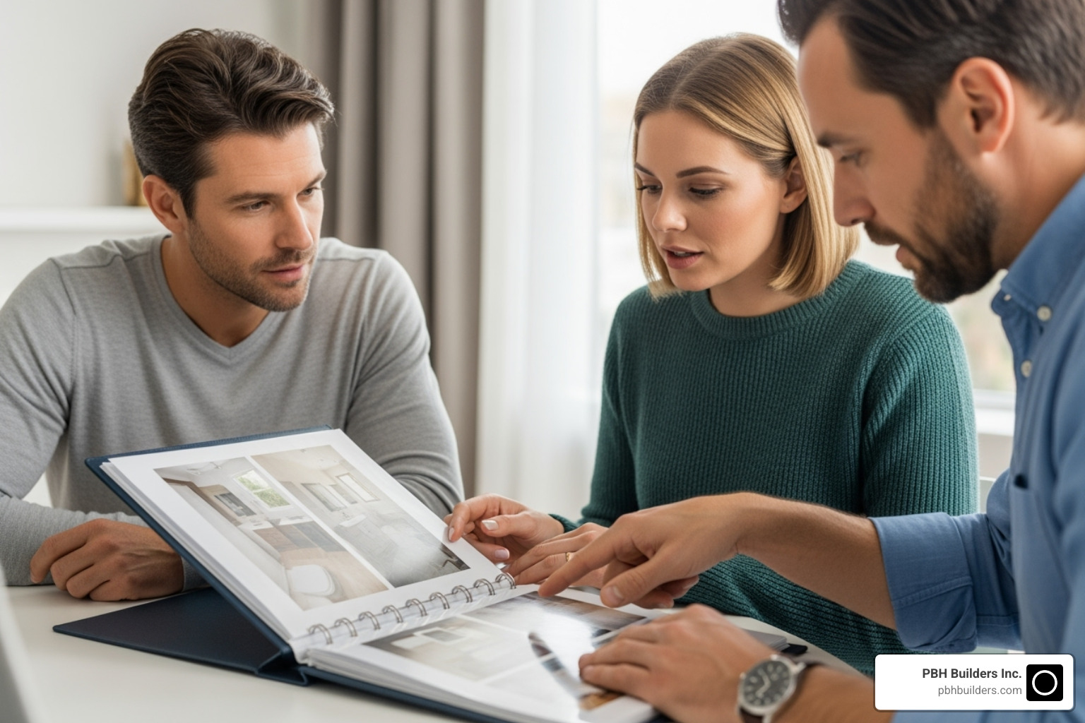 of a homeowner reviewing a portfolio with a contractor - bathroom remodel contractor