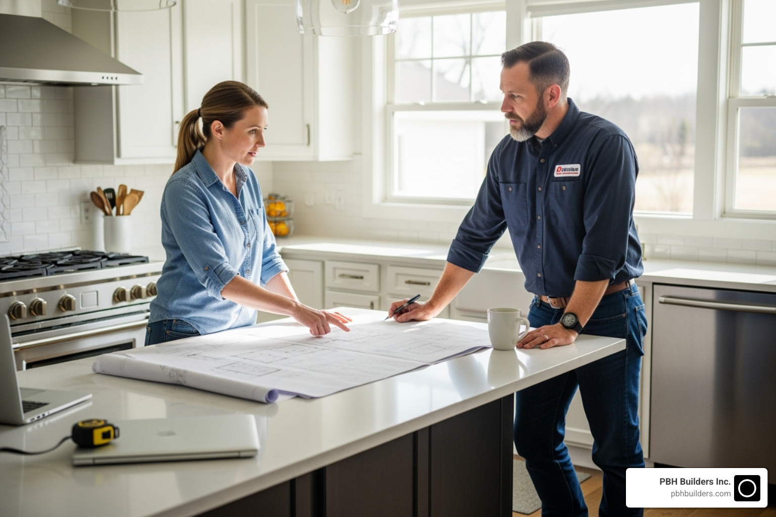 homeowner interviewing a contractor at a kitchen island - best general contractors san diego homeowner interviewing a contractor at a kitchen island - best general contractors san diego