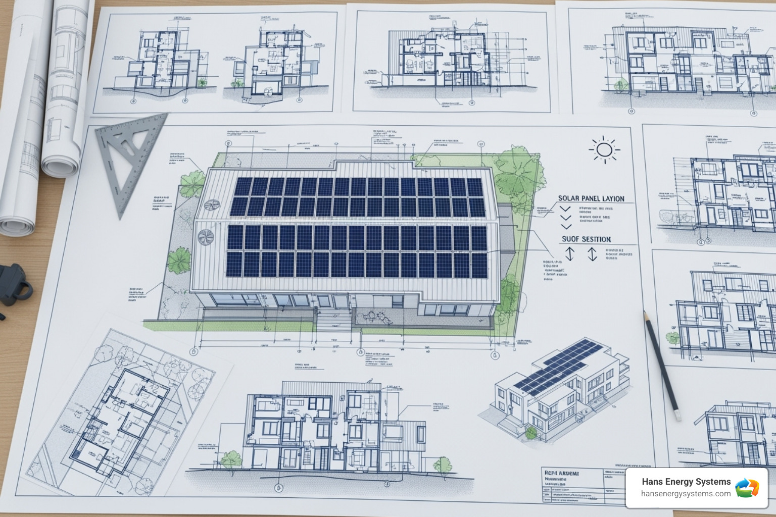 Architectural blueprints showing solar panel placement - Solar for new construction