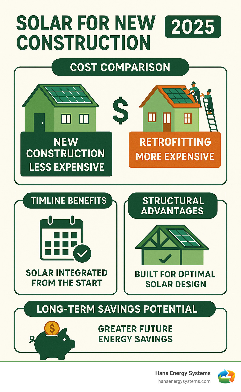 Infographic showing cost comparison between installing solar during new construction versus retrofitting, including timeline benefits, structural advantages, and long-term savings potential - Solar for new construction infographic 
