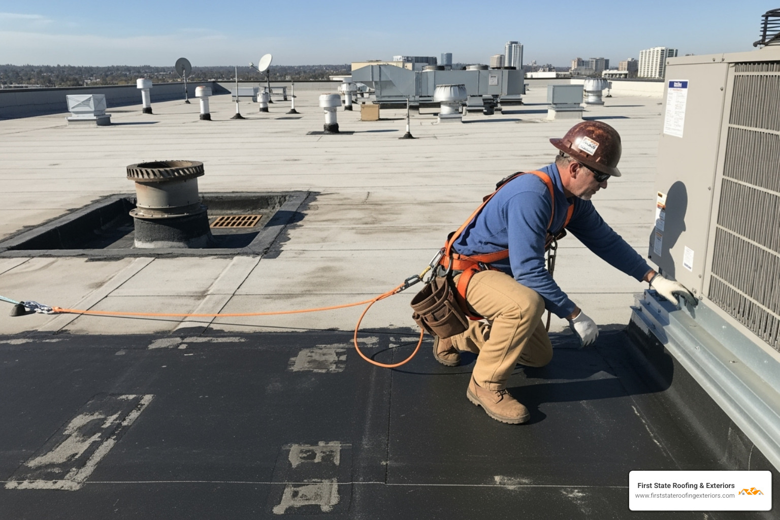 A roofer in a safety harness performing a routine inspection on a large commercial flat roof, checking membrane integrity and drainage systems - local commercial roofer A roofer in a safety harness performing a routine inspection on a large commercial flat roof, checking membrane integrity and drainage systems - local commercial roofer