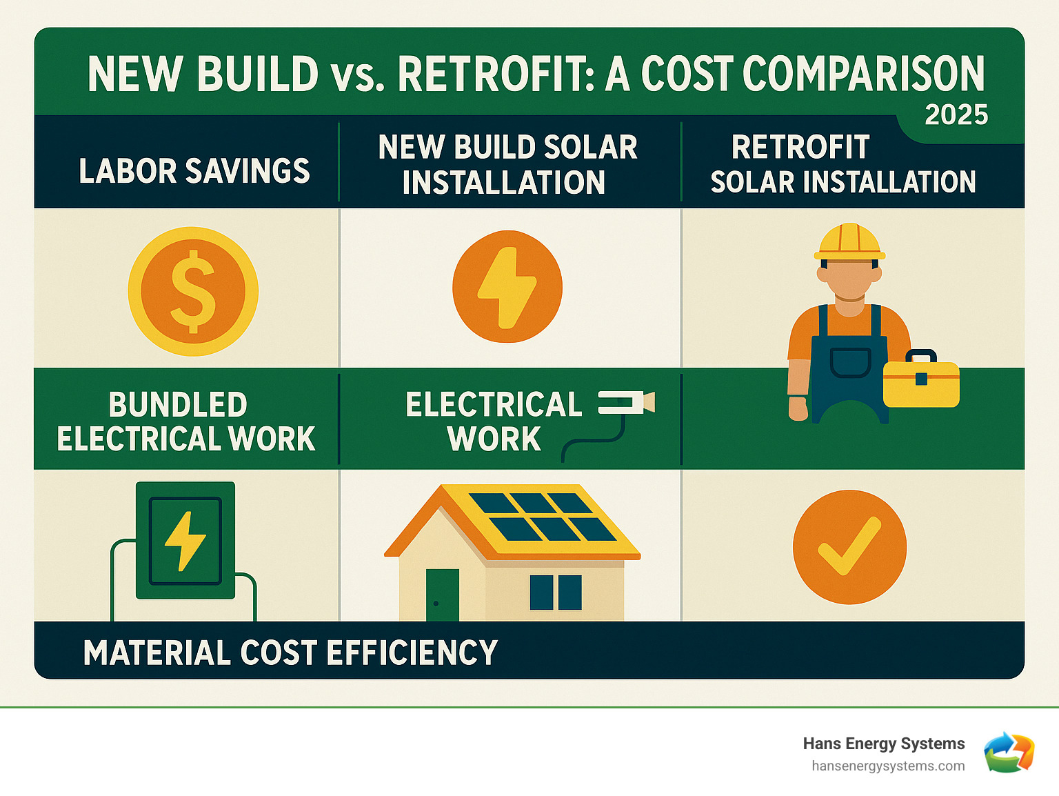 Table comparing the costs of new build solar installation vs. a later retrofit, highlighting labor savings, bundled electrical work, and material cost efficiency - Solar for new construction infographic 