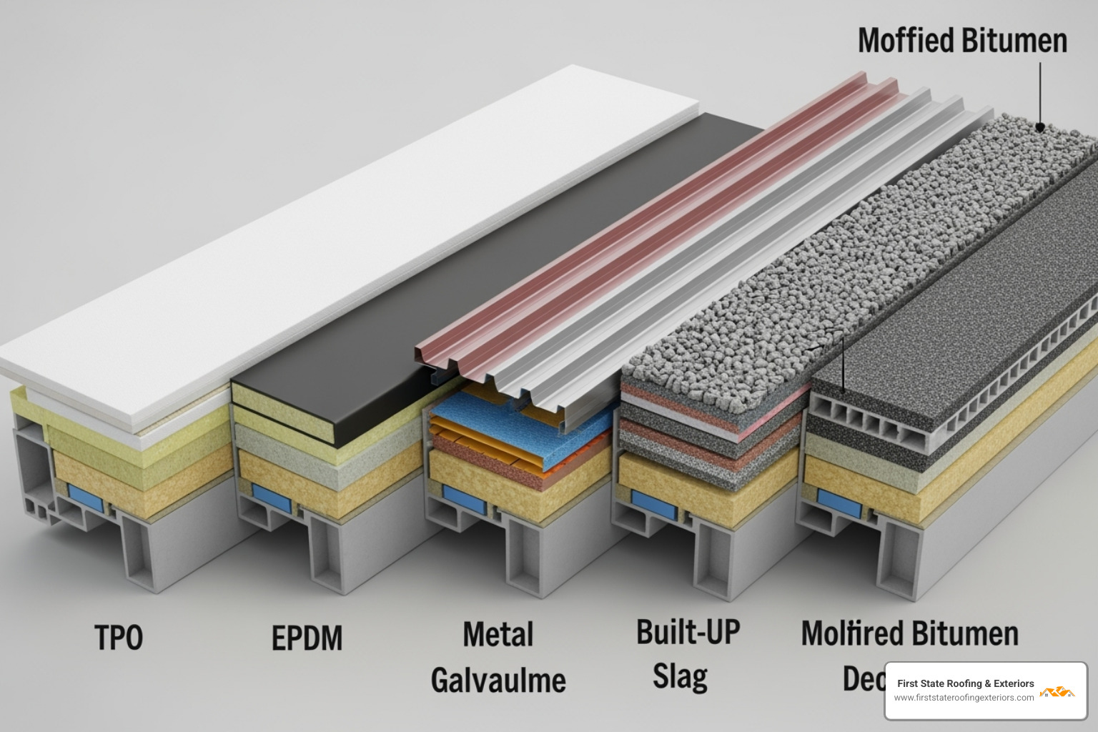 Cross-sections of different commercial roofing materials including TPO, EPDM, Metal, Built-Up Roofing, and Modified Bitumen systems - local commercial roofer Cross-sections of different commercial roofing materials including TPO, EPDM, Metal, Built-Up Roofing, and Modified Bitumen systems - local commercial roofer