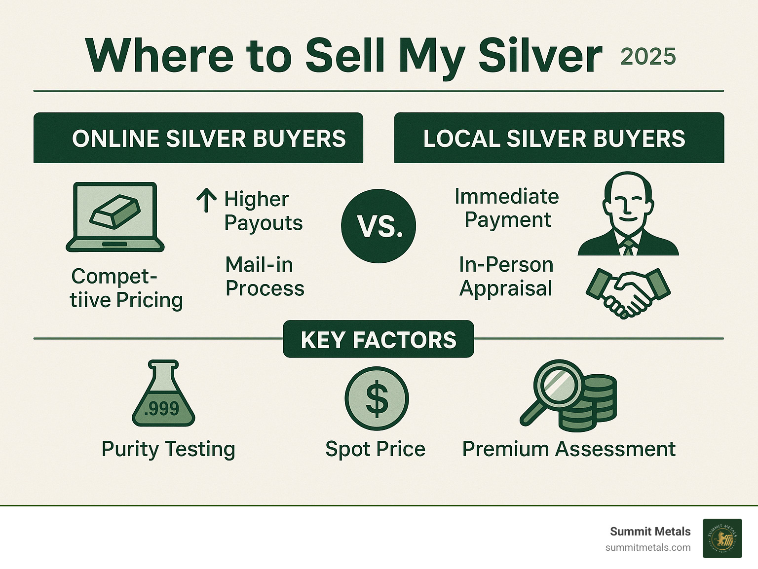 Infographic showing the comparison between online silver buyers (higher payouts, mail-in process, competitive pricing) and local silver buyers (immediate payment, in-person appraisal, no shipping risks) with key factors like purity testing, spot price calculations, and premium assessments - where to sell my silver infographic 