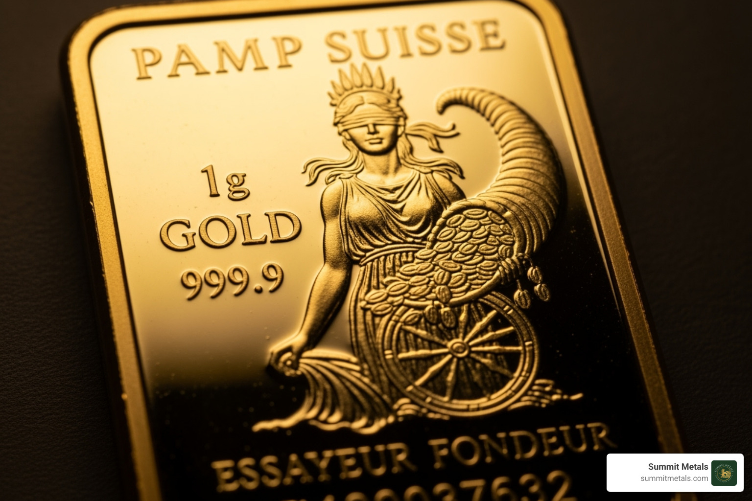 Iconic Lady Fortuna design on a PAMP bar - pamp 1g gold bar