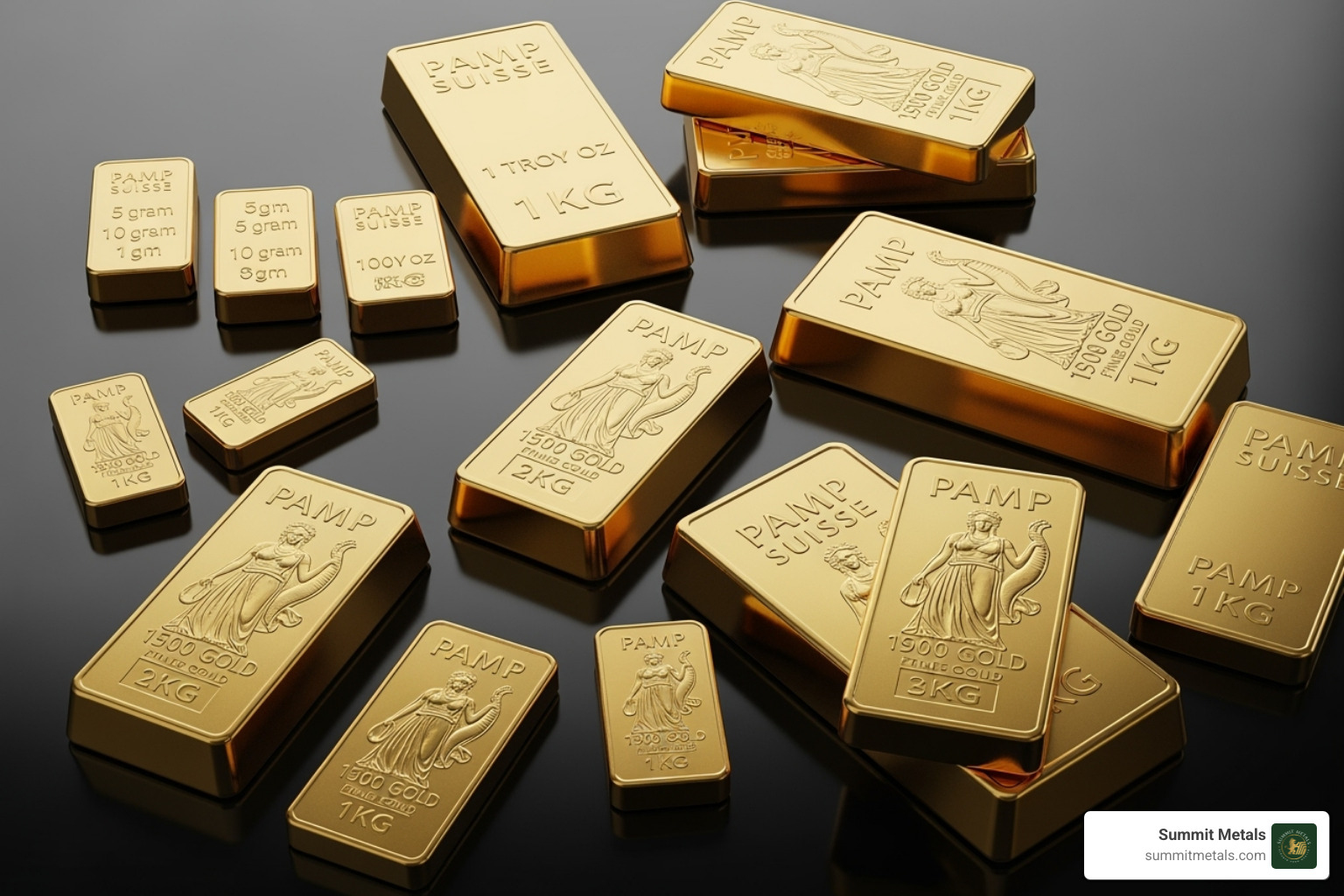 Collection of PAMP gold bars in various sizes - pamp 1g gold bar