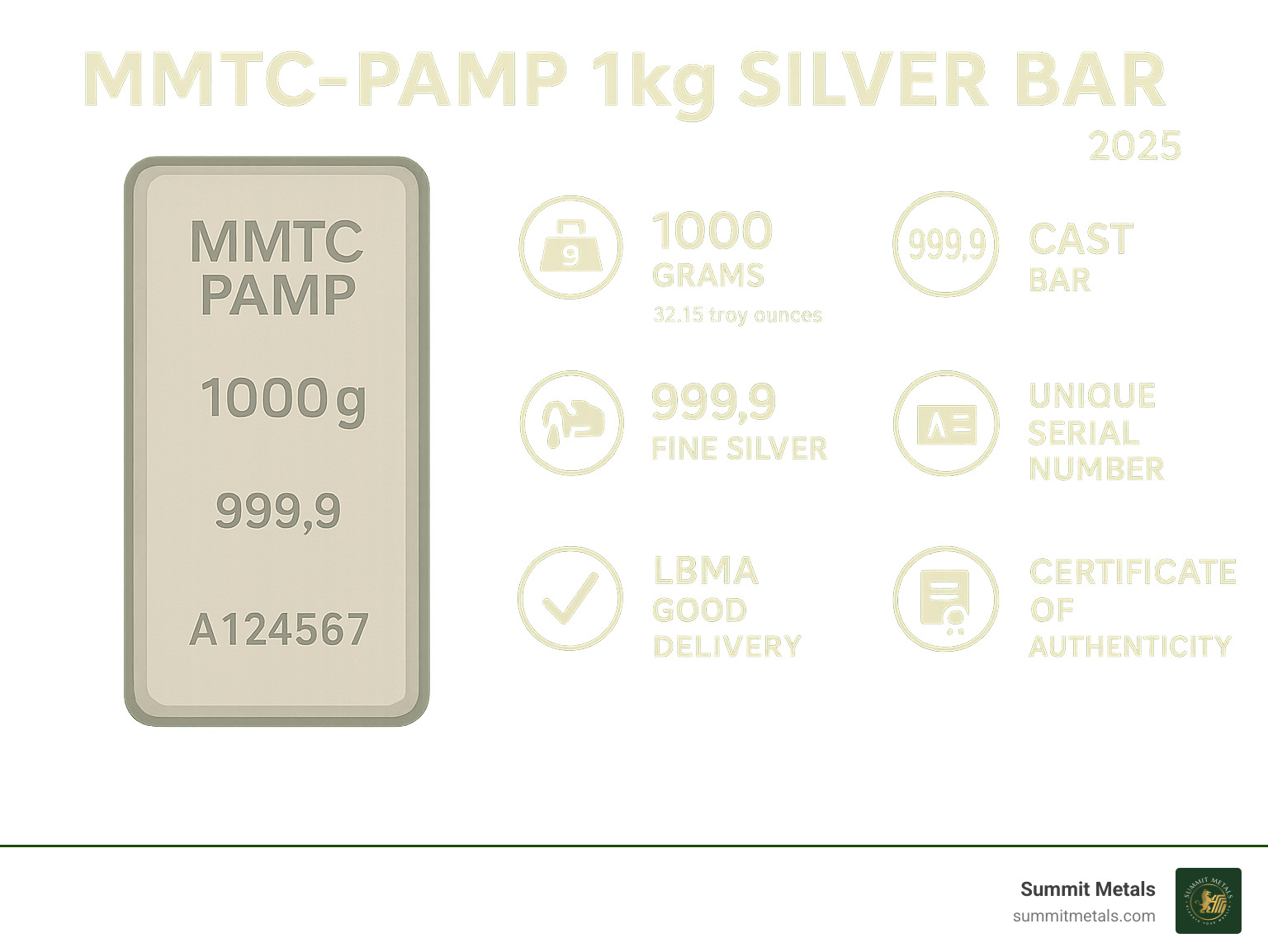 Detailed infographic showing MMTC-PAMP 1kg silver bar specifications including 1000 gram weight, 32.15 troy ounces, 999.9 fine silver purity, cast bar manufacturing process, unique serial numbering system, LBMA Good Delivery accreditation, and official certificate of authenticity - mmtc pamp 1kg silver bar infographic 