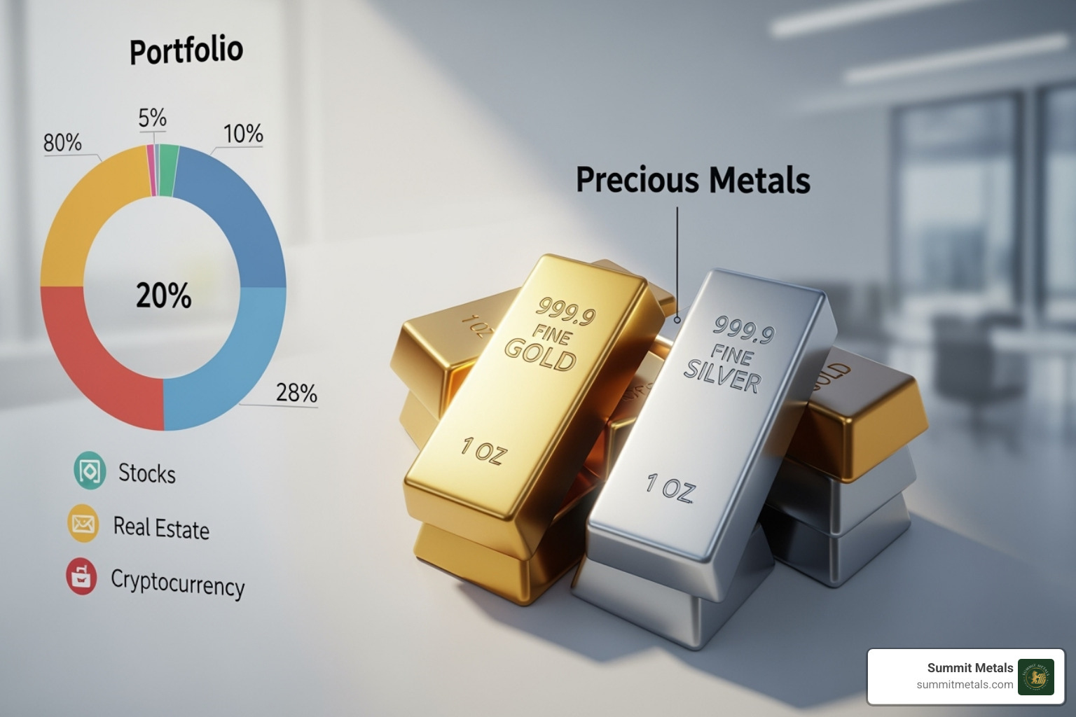 Financial portfolio chart including precious metals - pamp 1kg silver bar