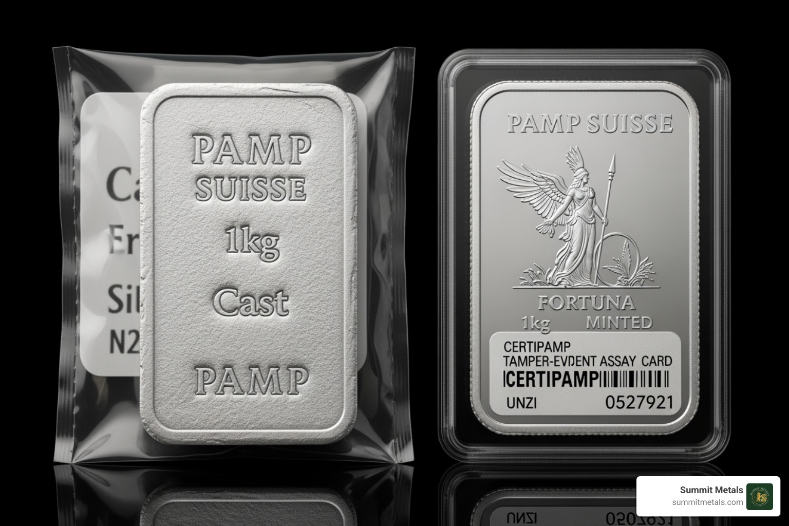 PAMP Cast bar and Fortuna bar with packaging - pamp 1kg silver bar