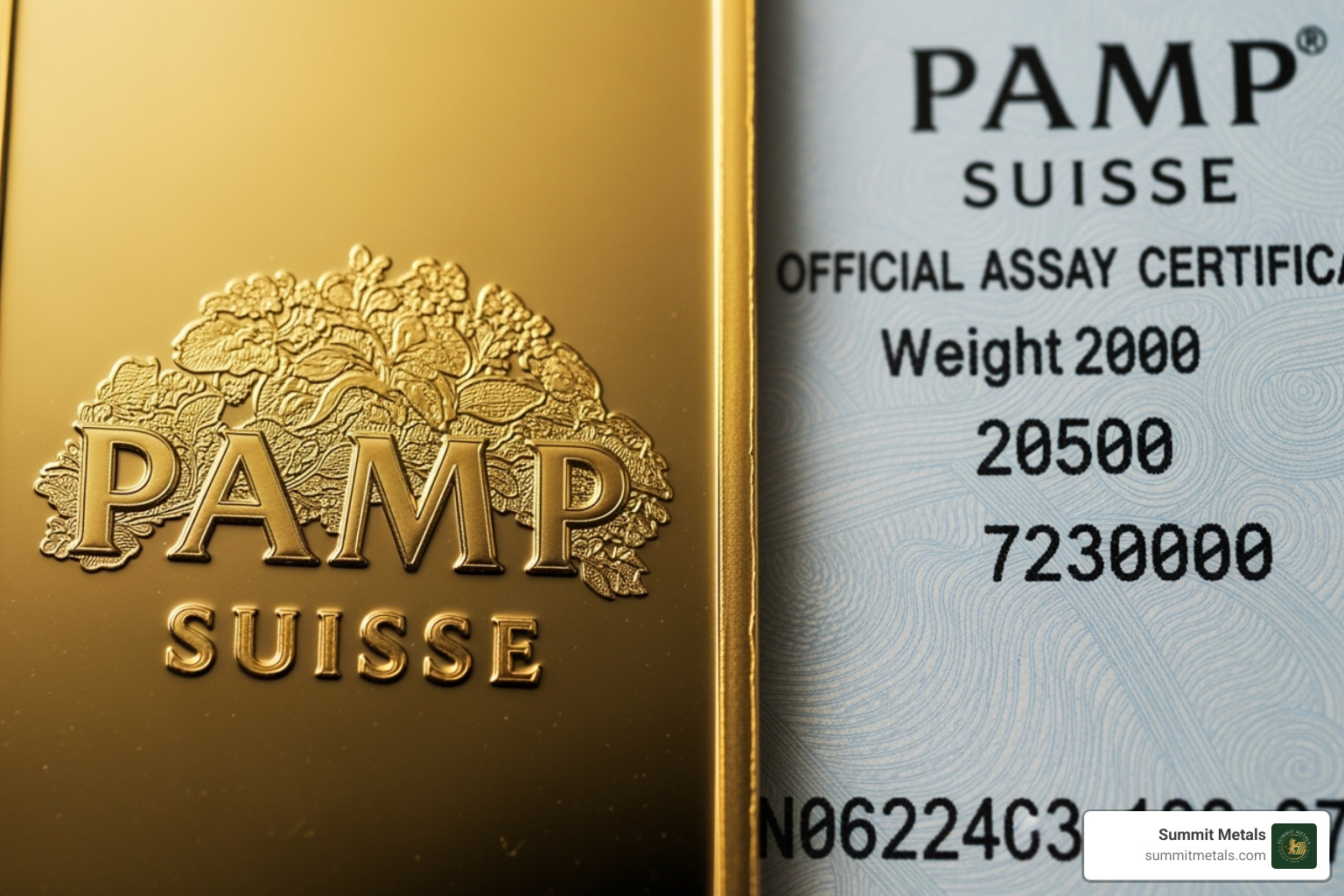 PAMP Suisse logo and an assay certificate - pamp 1kg silver bar