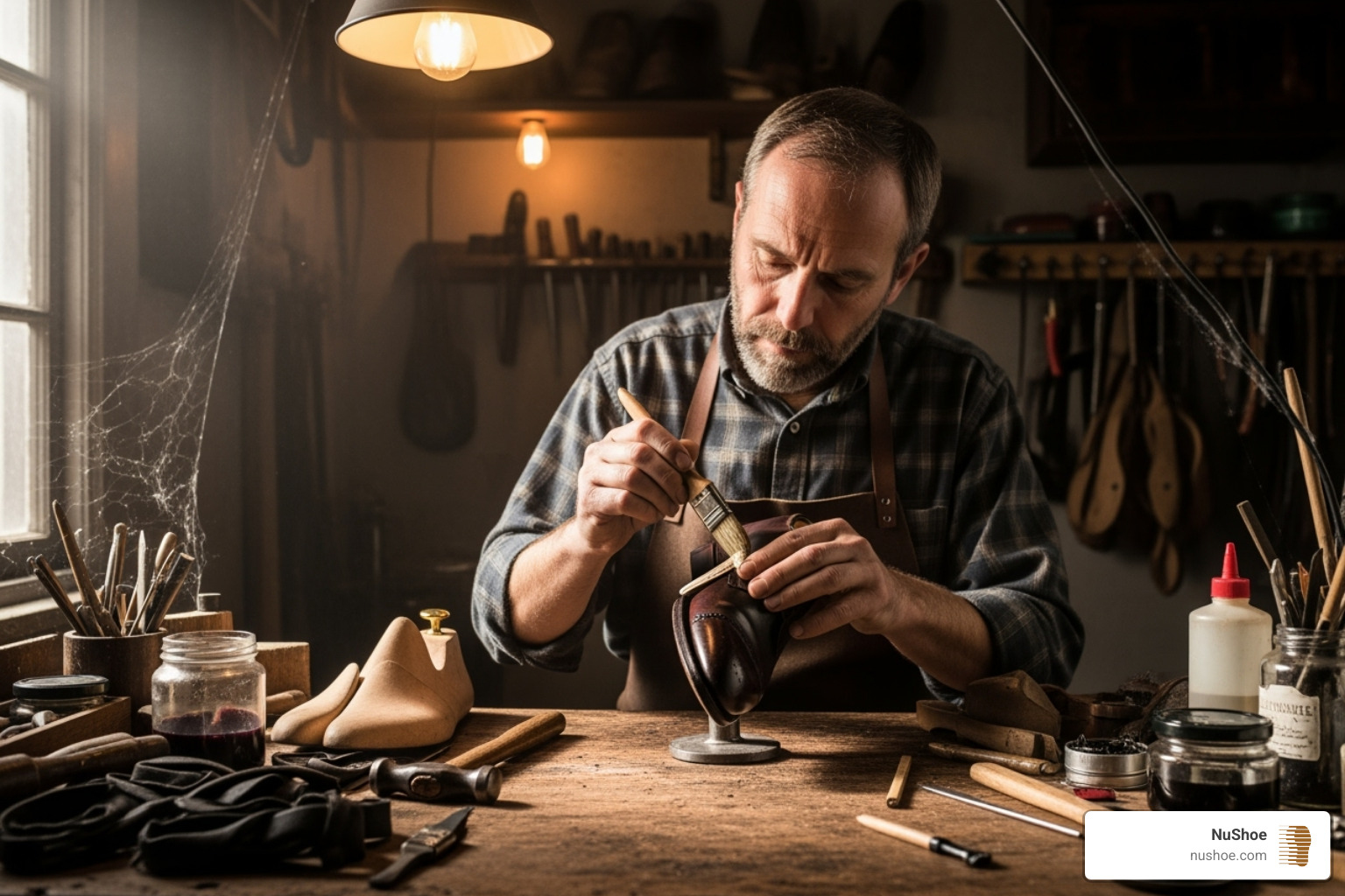 A cobbler applying glue to a shoe sole in a workshop - glue for leather