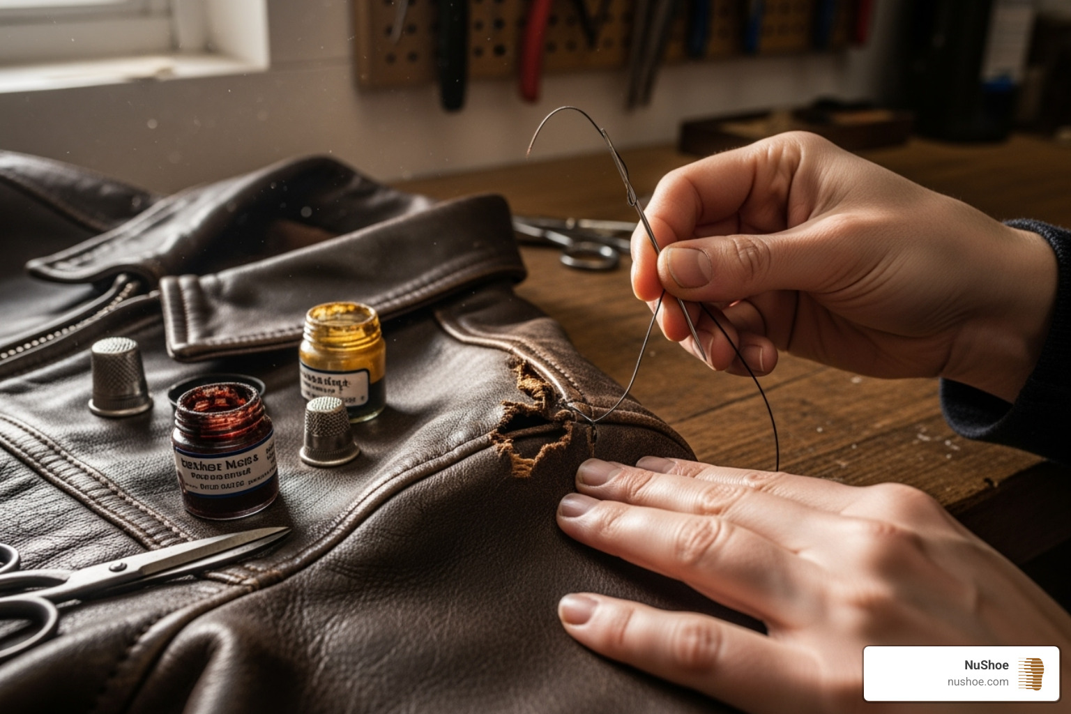 person repairing a tear in a leather jacket - glue for leather