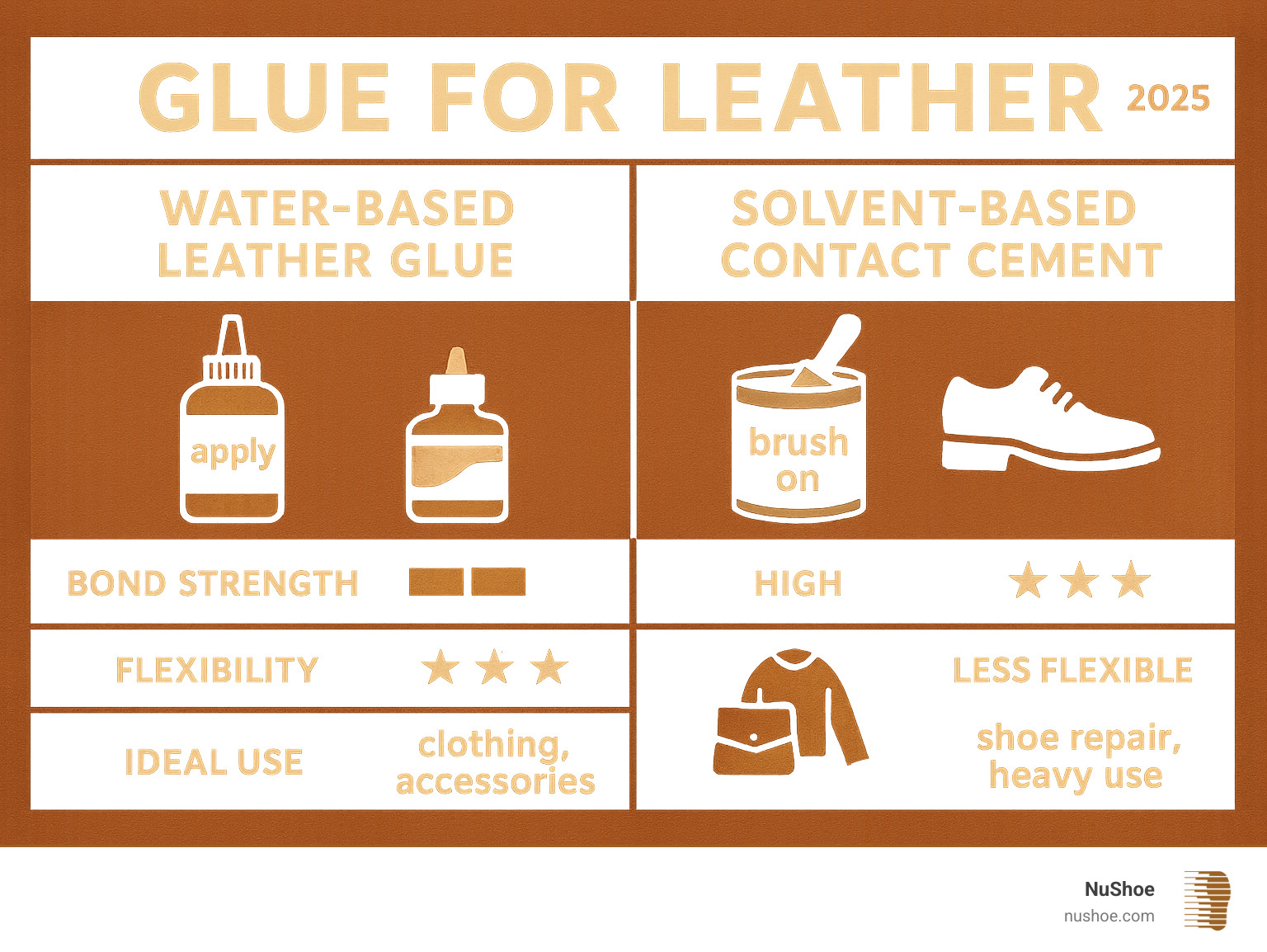 Comparison chart showing water-based leather glues versus solvent-based contact cements, including application methods, bond strength, flexibility ratings, and ideal use cases for each type - glue for leather infographic 