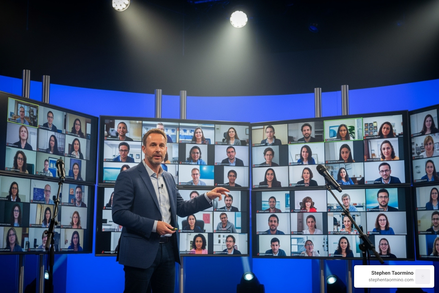 speaker interacting with virtual audience on multiple screens - keynote speaker