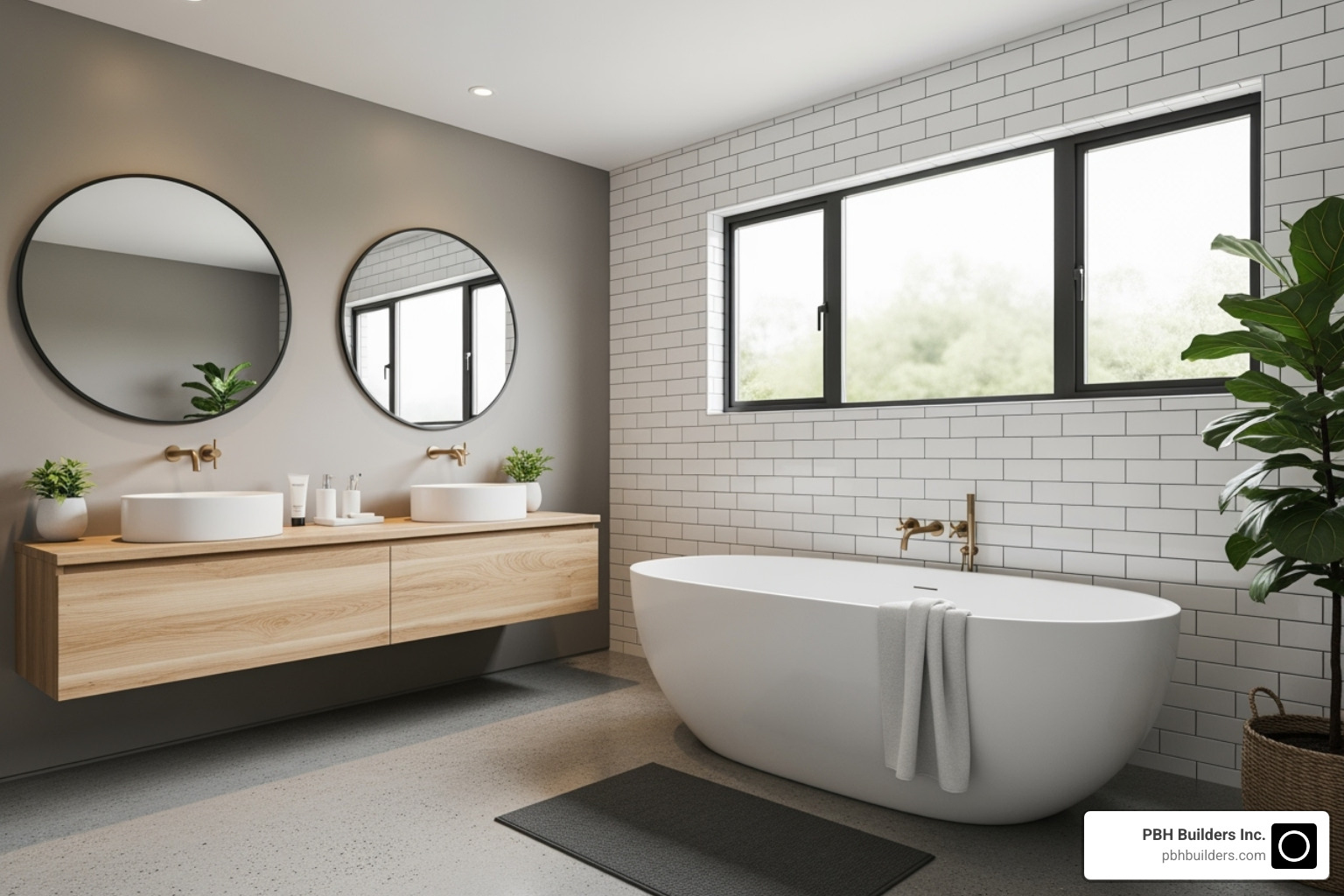 trendy bathroom with a freestanding tub and natural wood vanity - bathroom remodel orange county