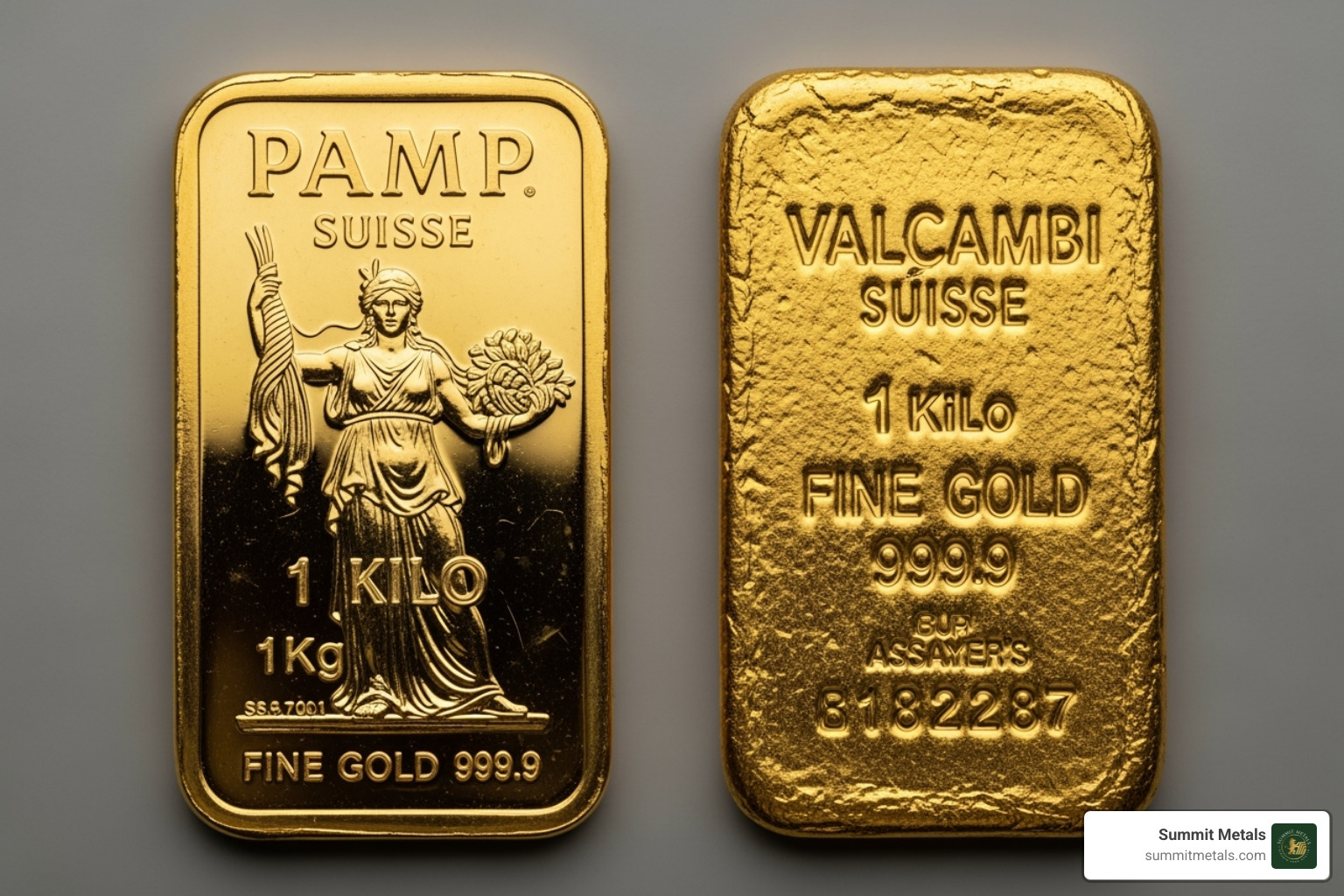 PAMP Lady Fortuna 1kg bar next to a Valcambi 1kg cast bar - swiss gold bar 1kg