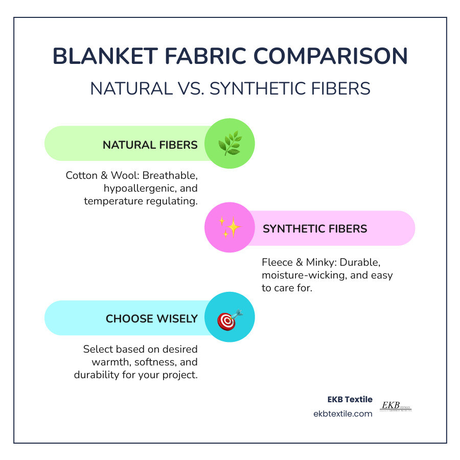 Comparison infographic showing natural blanket fabrics (cotton and wool) on the left side with properties like breathable, hypoallergenic, and temperature regulating, versus synthetic blanket fabrics (fleece and minky) on the right side with properties like durable, moisture-wicking, and easy care - fabric for blankets infographic infographic-line-3-steps-colors