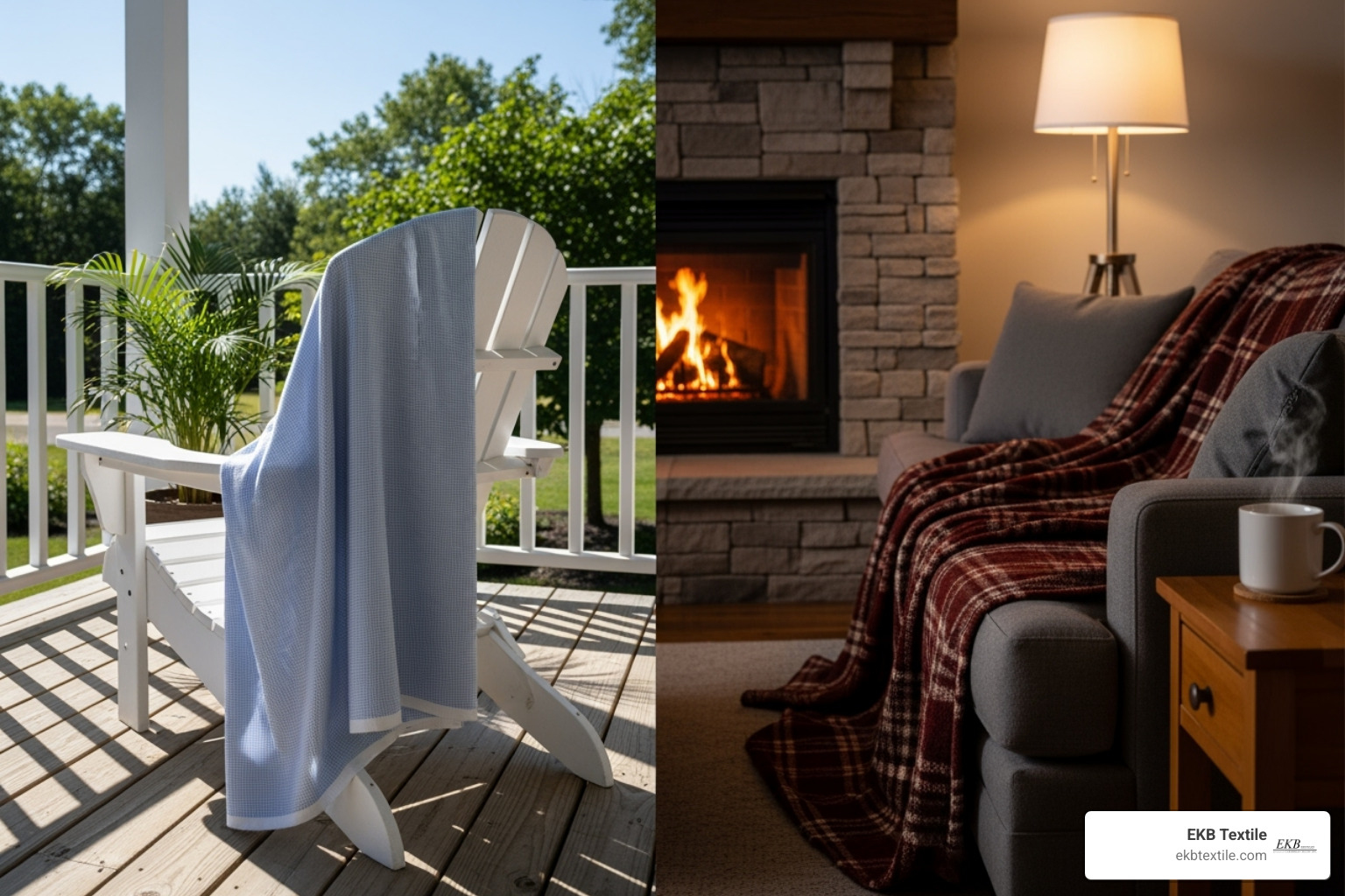 of a lightweight cotton blanket on a summer porch and a thick wool blanket by a fireplace - fabric for blankets