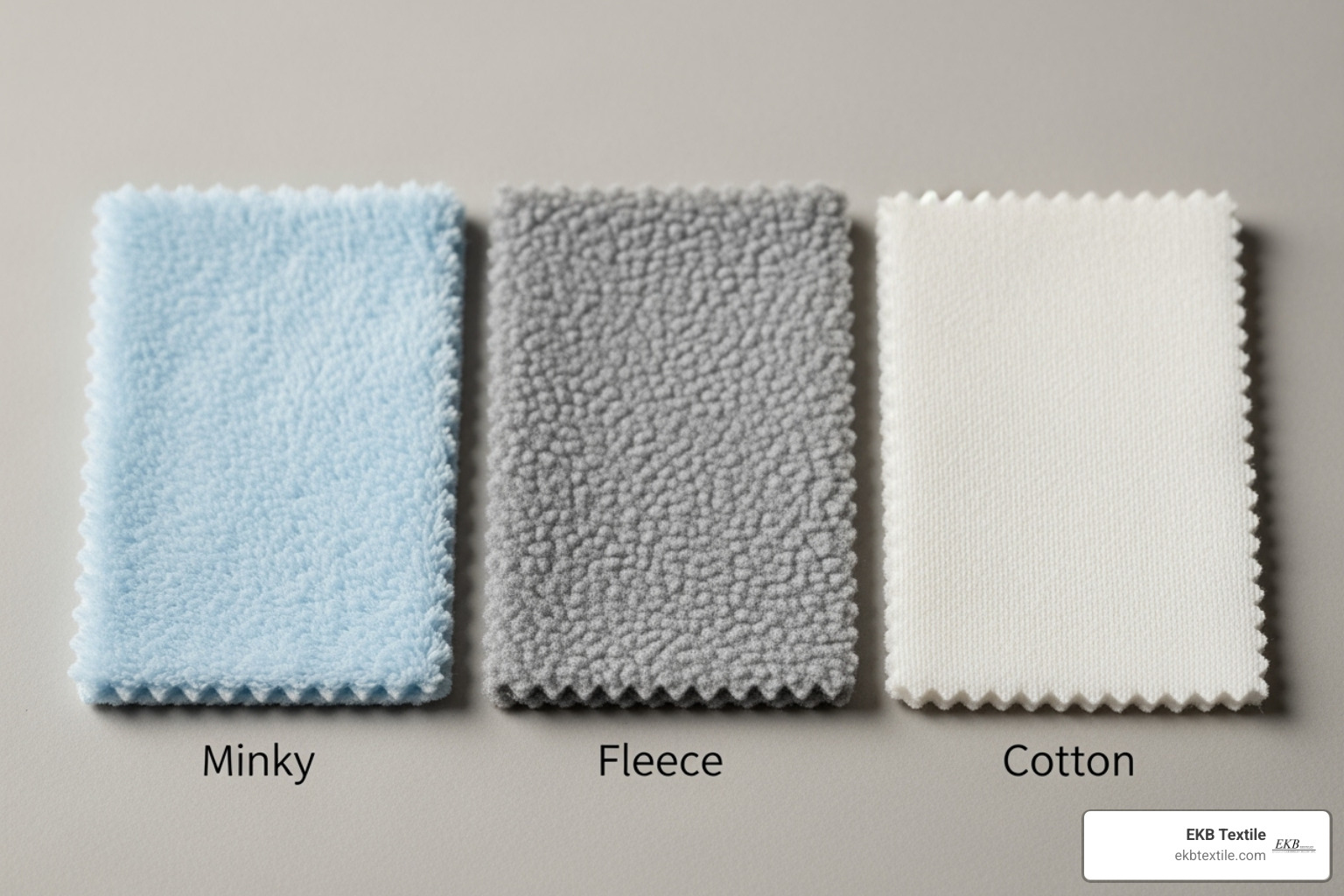 of fabric swatches for Minky, Fleece, and Cotton side-by-side - fabric for blankets