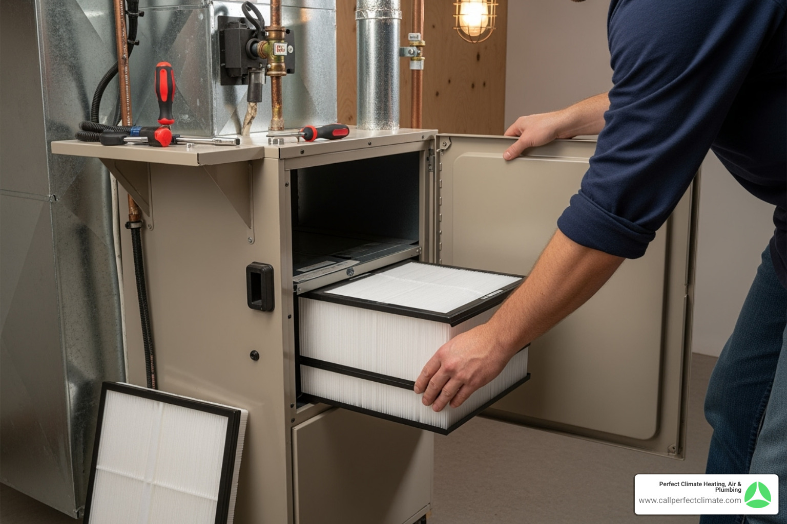Homeowner replacing a clean HVAC air filter - Clean air vents house Homeowner replacing a clean HVAC air filter - Clean air vents house