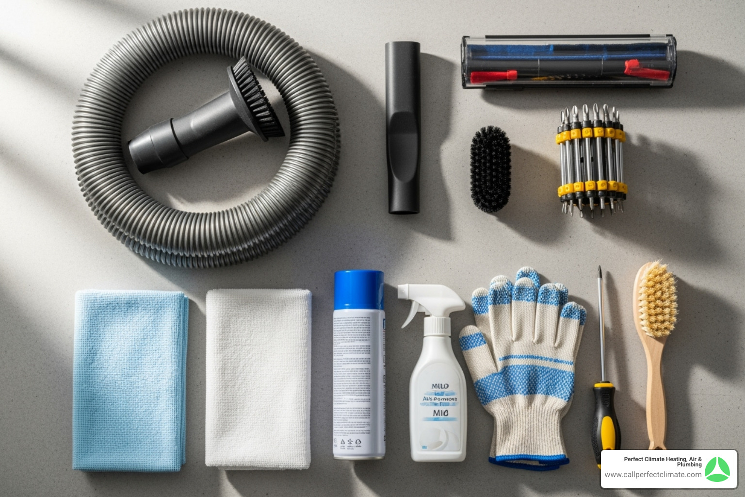 Tools and materials needed for DIY vent cleaning laid out neatly - Clean air vents house Tools and materials needed for DIY vent cleaning laid out neatly - Clean air vents house