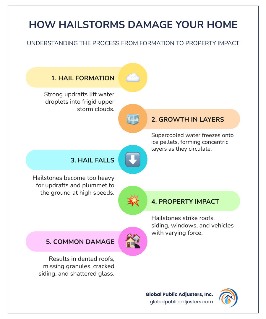 Infographic showing how hailstones form in thunderstorm updrafts, grow through ice layers, and fall to earth causing various types of property damage including roof granule loss, siding dents, window cracks, and vehicle damage - Hail storm damage infographic infographic-line-5-steps-colors