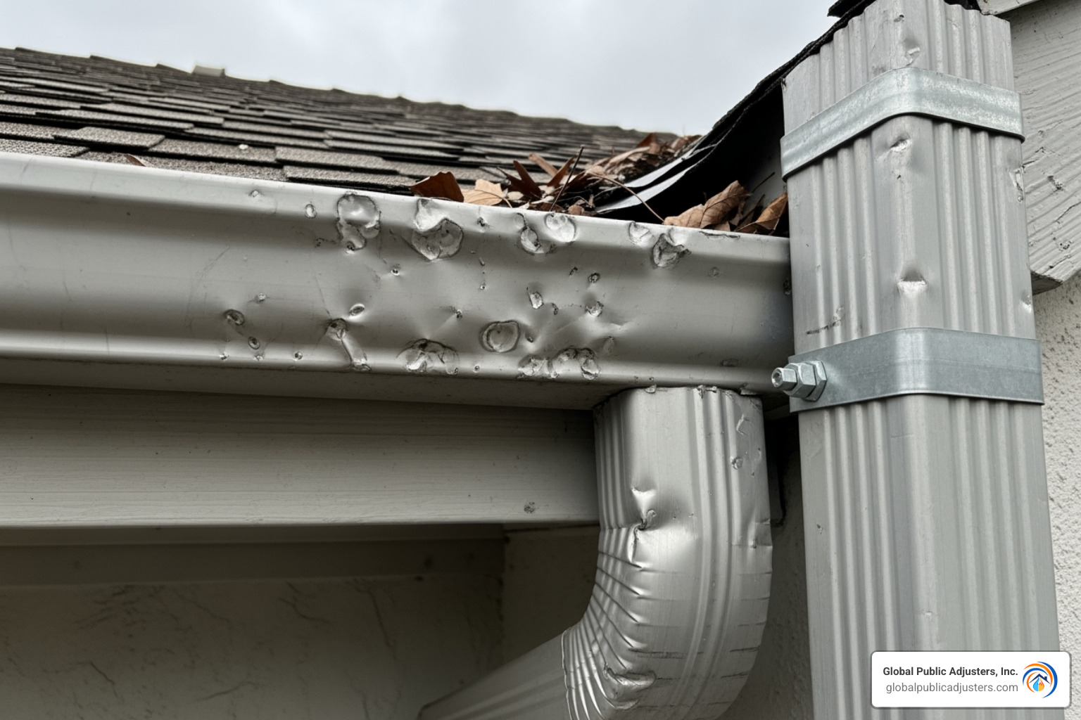 dented gutters and downspouts - Hail storm damage