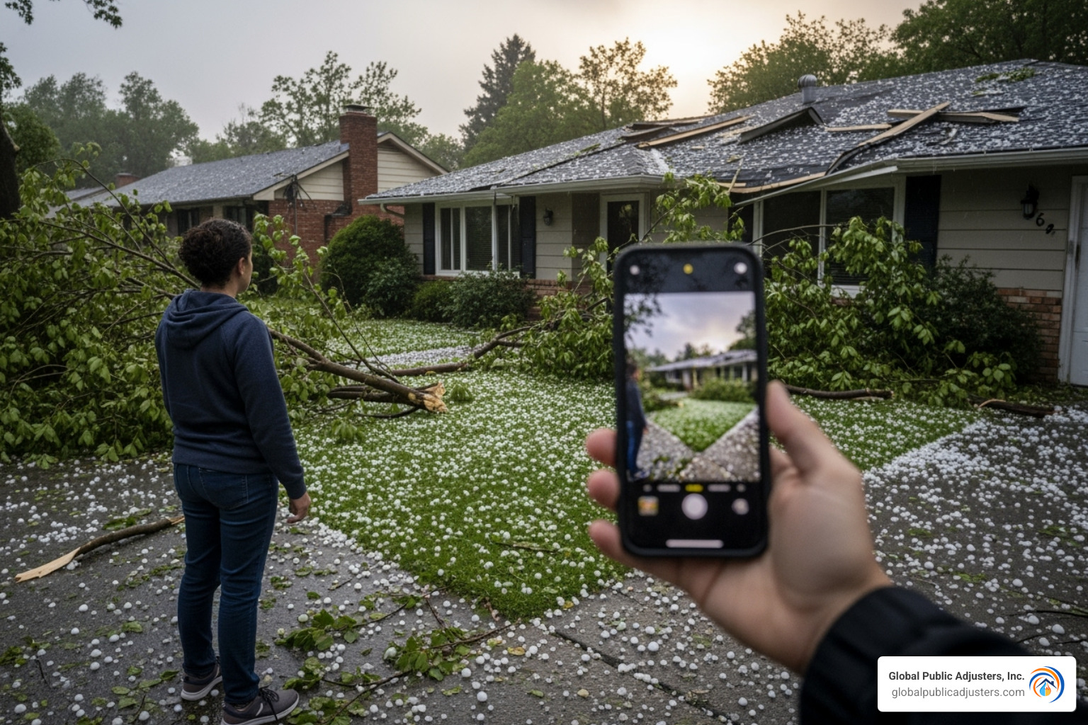 Homeowner documenting hail damage with phone - Hail storm damage
