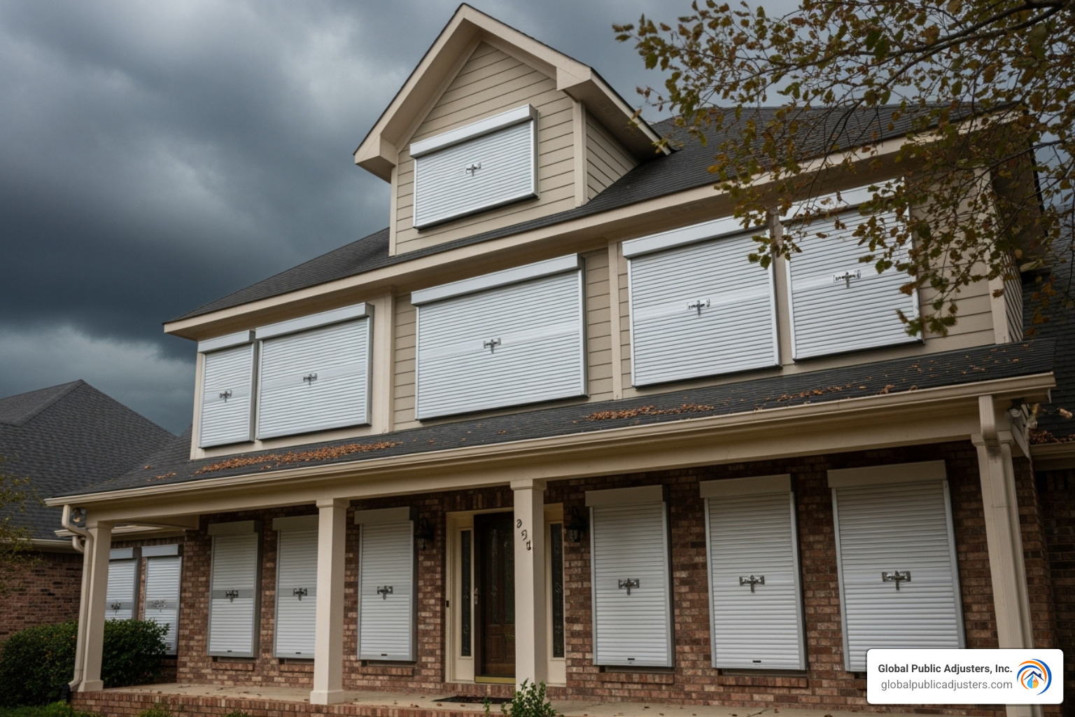 Home with storm shutters installed - Hail storm damage