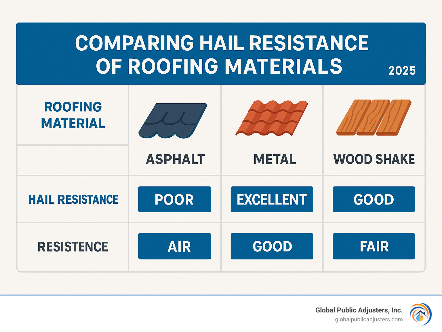 Table comparing hail resistance of different roofing materials (Asphalt, Metal, Tile, Wood Shake) - Hail storm damage infographic 