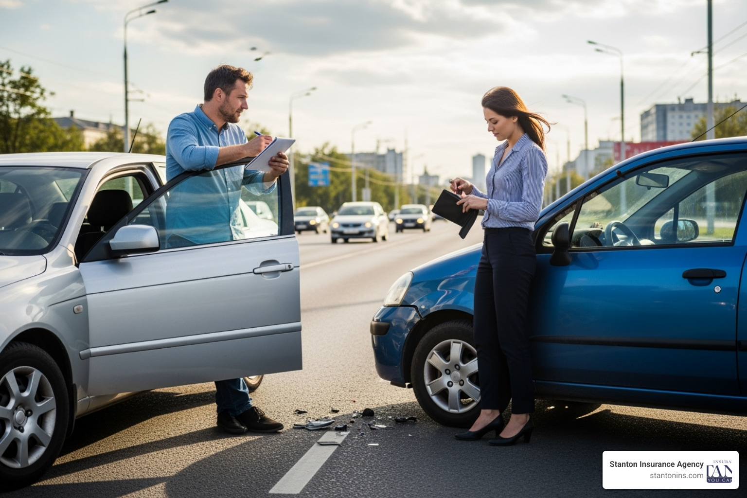 driver exchanging insurance information - liability and uninsured motorist