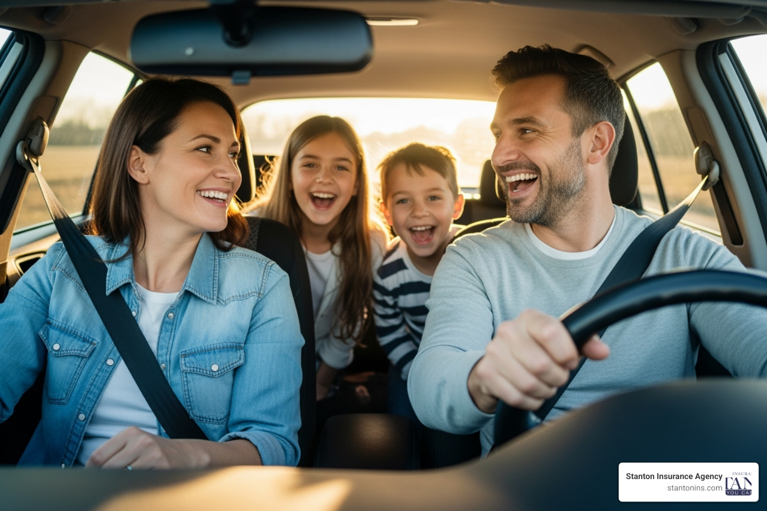 happy family driving in car - liability and uninsured motorist