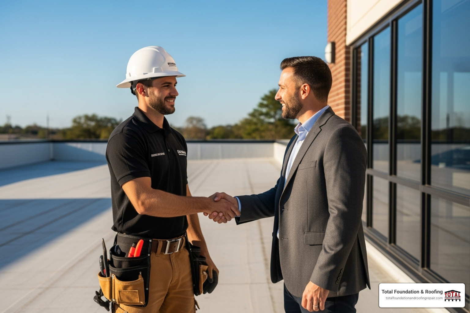 A satisfied business owner shaking hands with a commercial roofer, with a well-maintained commercial roof in the background - local commercial roofer A satisfied business owner shaking hands with a commercial roofer, with a well-maintained commercial roof in the background - local commercial roofer