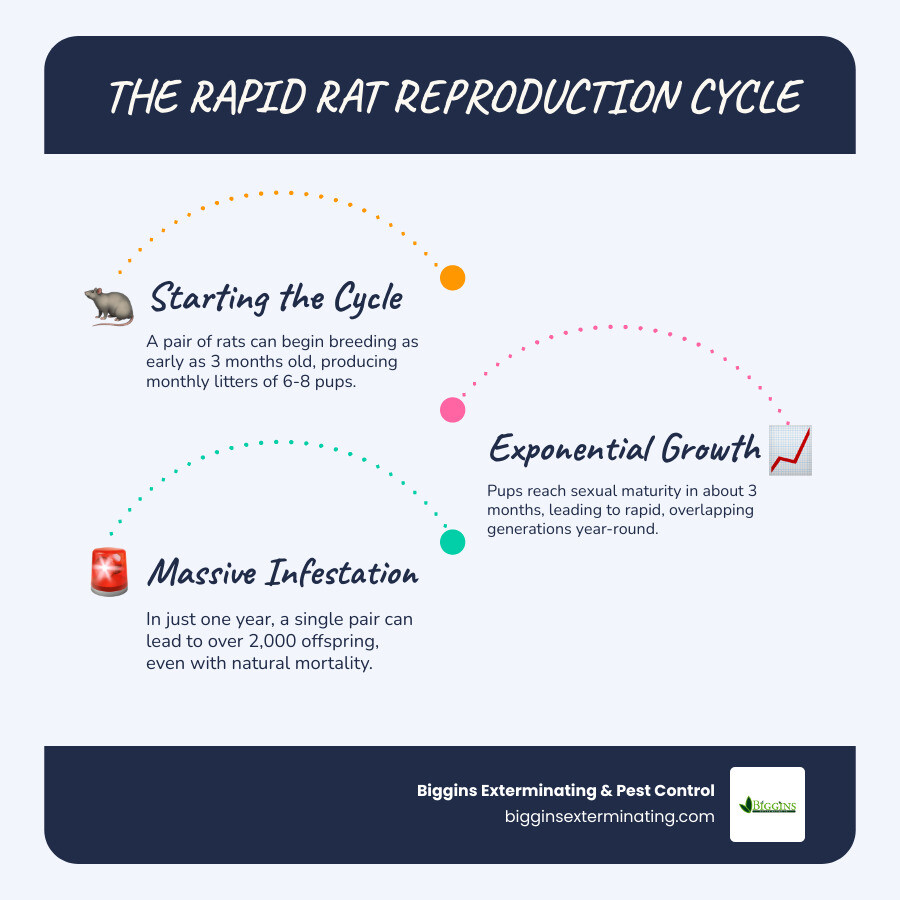 Infographic showing rat reproduction cycle: Starting with 2 rats in January, displaying monthly breeding patterns with litter sizes of 6-8 pups, sexual maturity at 3 months, and exponential population growth reaching potentially 2,000+ offspring by December, including mortality rates and seasonal breeding variations - rat exterminating infographic infographic-line-3-steps-blues-accent_colors