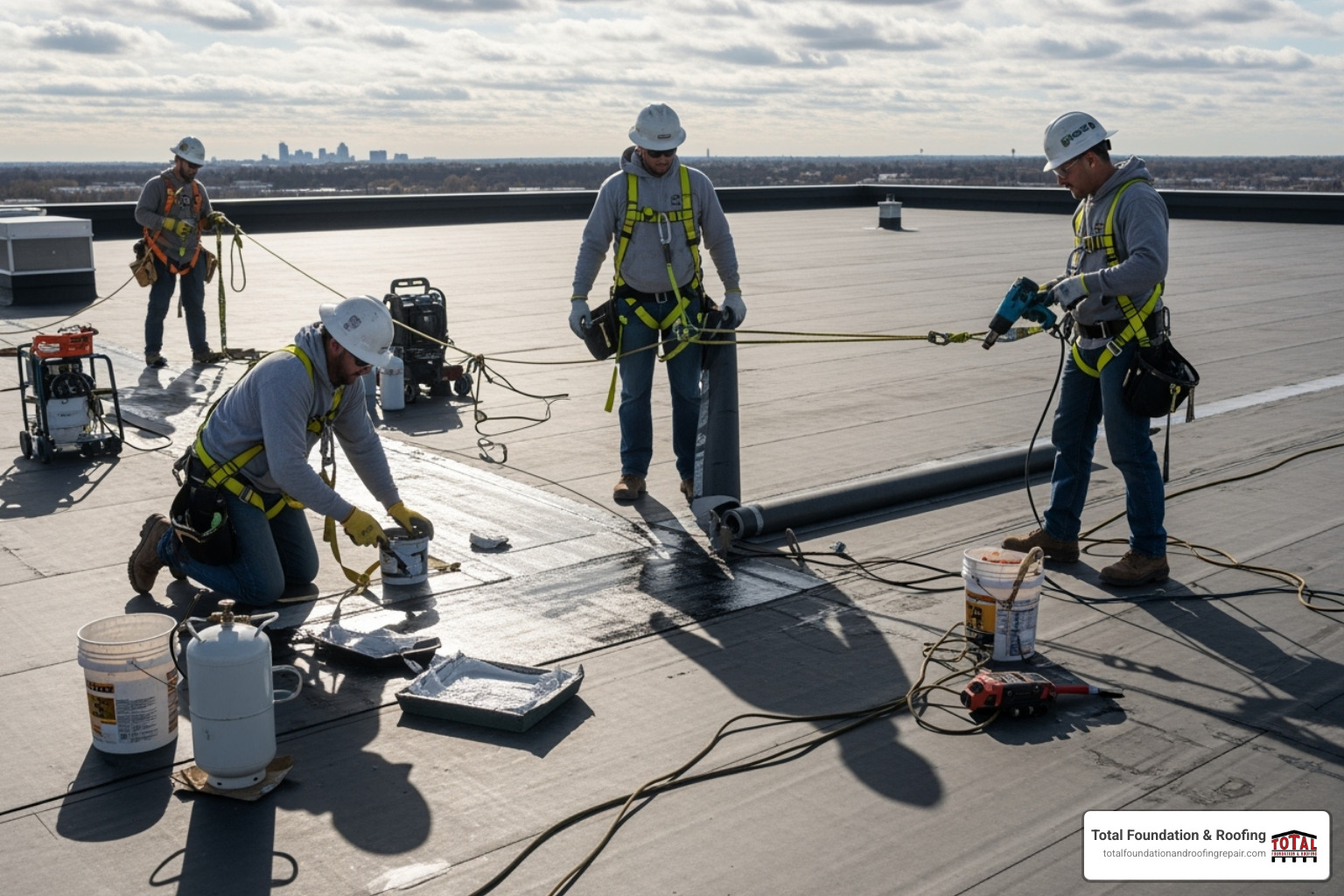 A commercial roofing team performing a roof repair, with roofers wearing proper OSHA safety harnesses - local commercial roofer A commercial roofing team performing a roof repair, with roofers wearing proper OSHA safety harnesses - local commercial roofer