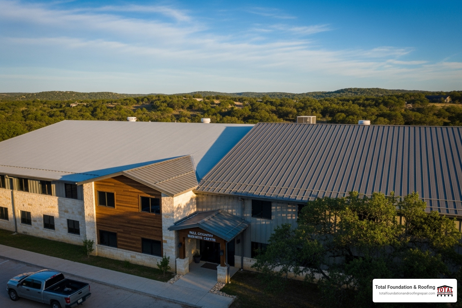 Different commercial roofing materials including TPO and Metal, installed on a commercial building - local commercial roofer Different commercial roofing materials including TPO and Metal, installed on a commercial building - local commercial roofer
