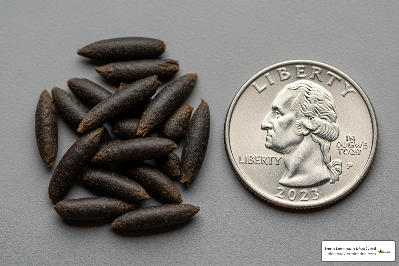 Image of rat droppings next to a coin for scale - rat exterminating