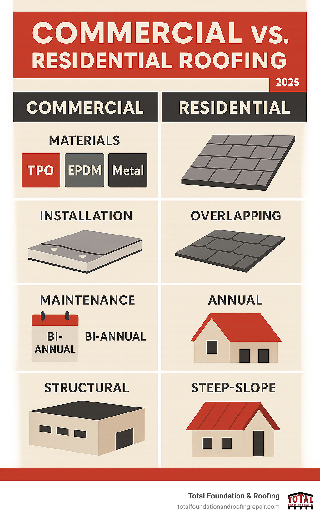Infographic showing the key differences between commercial and residential roofing, including materials (TPO, EPDM, metal vs shingles), installation methods (membrane systems vs overlapping), maintenance requirements (bi-annual inspections vs annual), and structural considerations (flat/low-slope vs steep-slope design) - local commercial roofer infographic Infographic showing the key differences between commercial and residential roofing, including materials (TPO, EPDM, metal vs shingles), installation methods (membrane systems vs overlapping), maintenance requirements (bi-annual inspections vs annual), and structural considerations (flat/low-slope vs steep-slope design) - local commercial roofer infographic