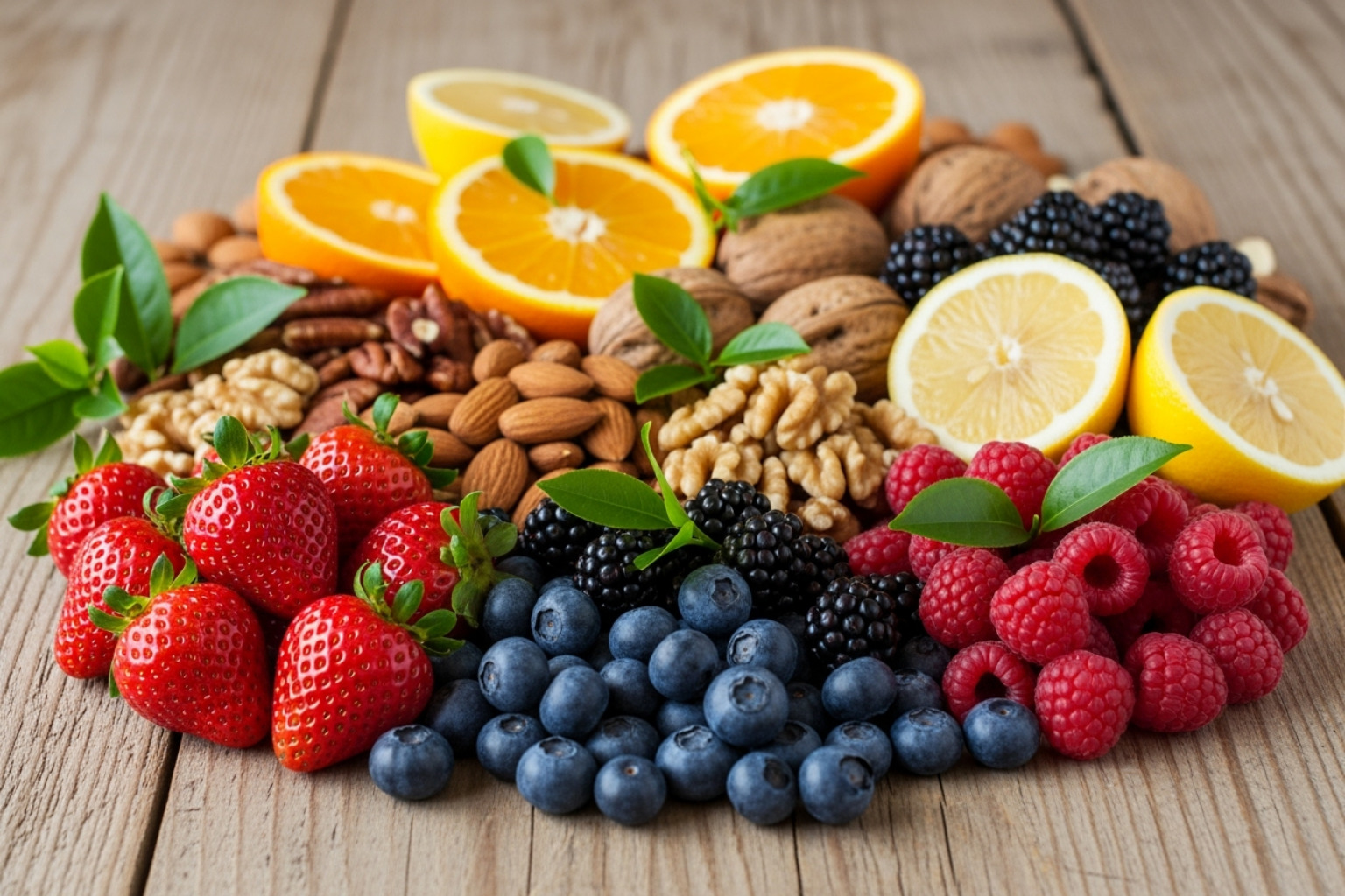 Array of antioxidant-rich foods such as berries, citrus fruits, nuts, and green tea leaves - Antioxidant-rich skincare