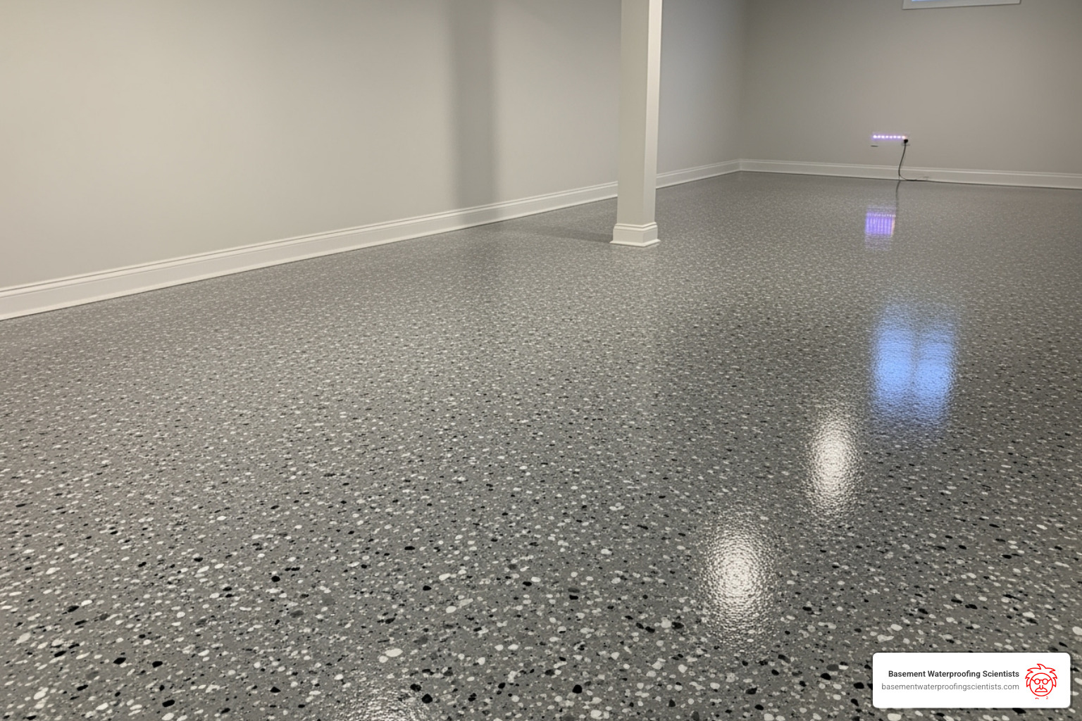 Finished epoxy floor with decorative flakes - basement flooring company