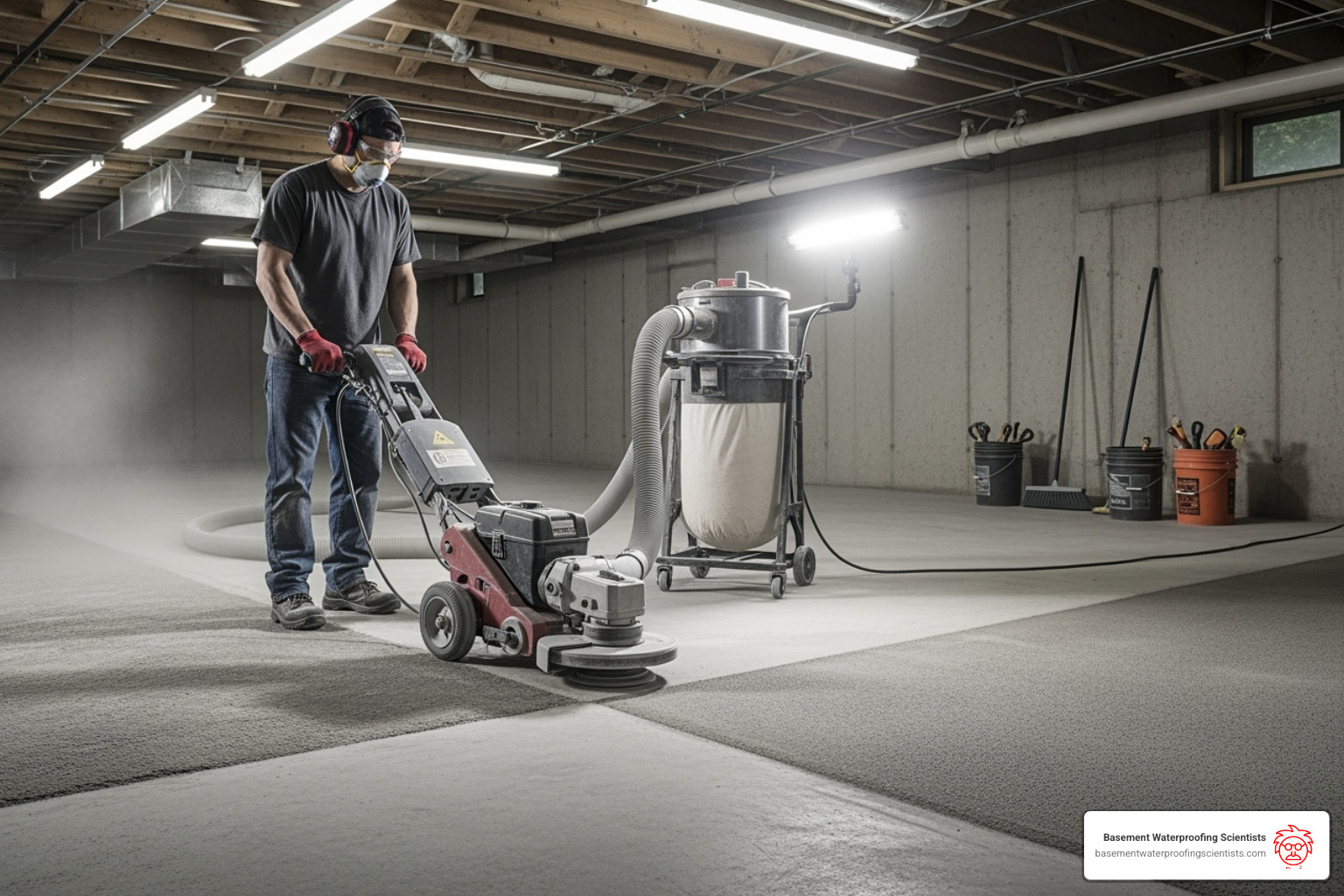 Professional using a diamond grinder to prepare a concrete floor - basement flooring company