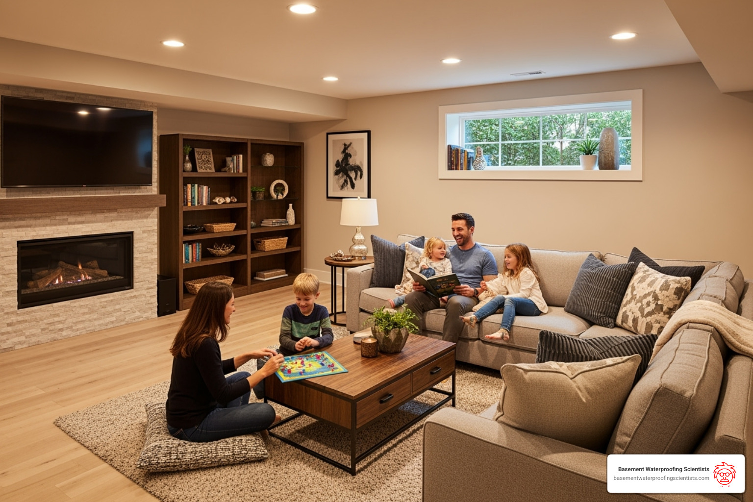Happy family enjoying their newly finished basement - basement flooring company