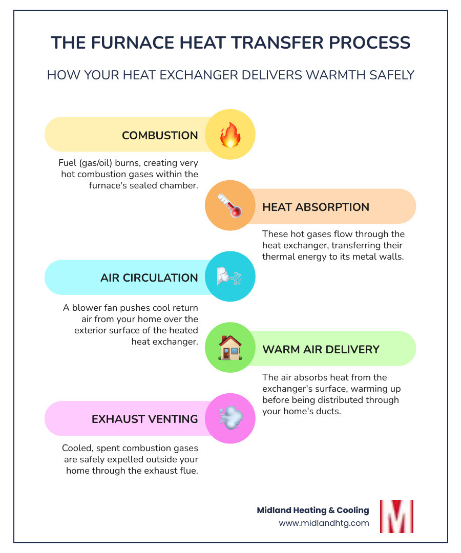 Infographic showing the heat transfer process in a furnace with combustion chamber, heat exchanger tubes, air circulation, and exhaust venting clearly labeled and illustrated - furnace heat exchanger infographic infographic-line-5-steps-colors